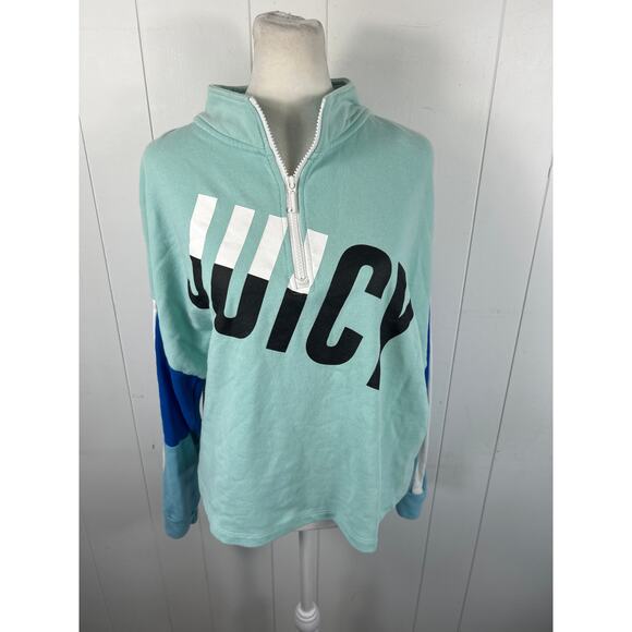 JUICY COUTURE Logo Color Block Half Zip Pullover Top In Size 1X Aqua/White - Picture 1 of 5